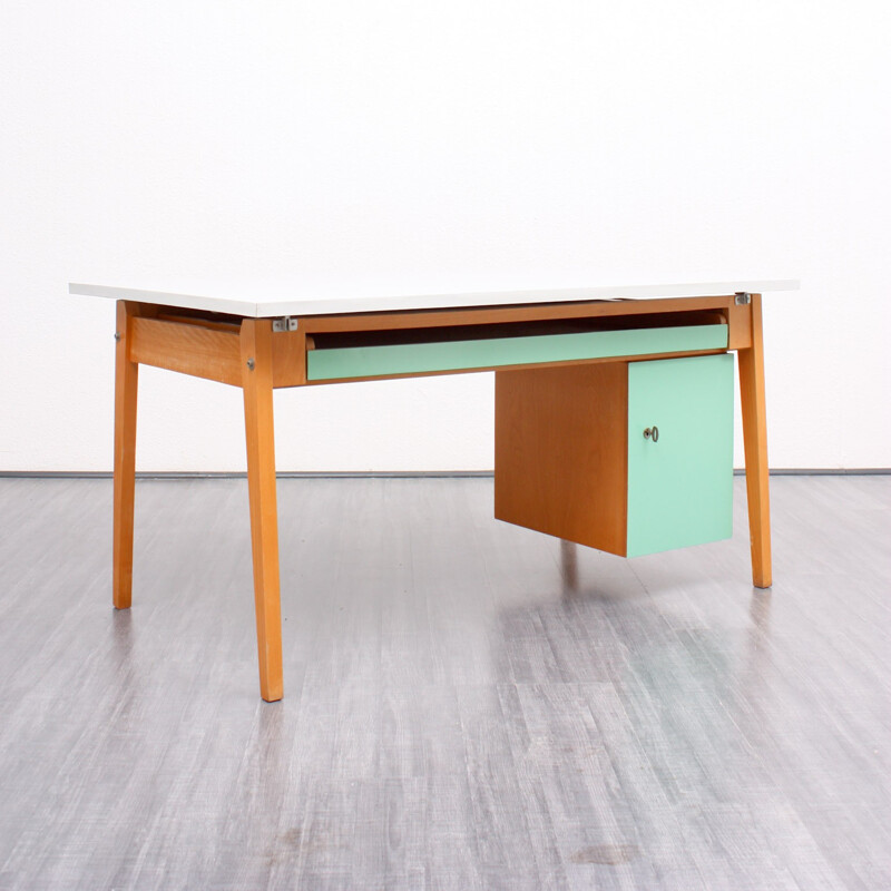 Large desk in solid beech wood with a green mint and grey coating - 1950s  