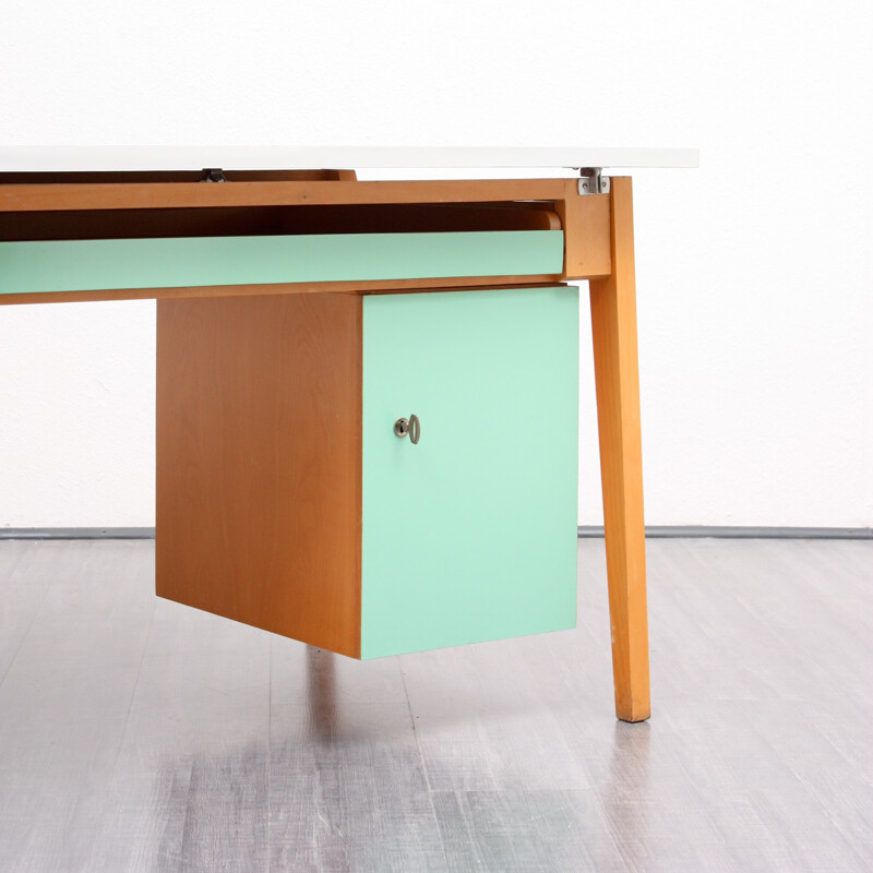 Large desk in solid beech wood with a green mint and grey coating - 1950s  