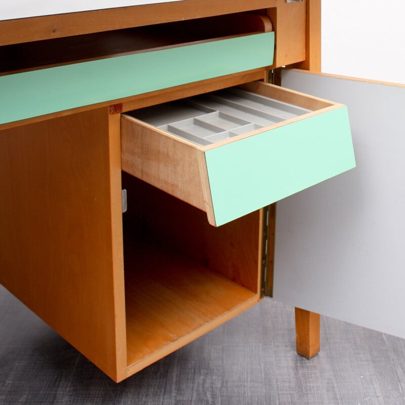 Large desk in solid beech wood with a green mint and grey coating - 1950s  