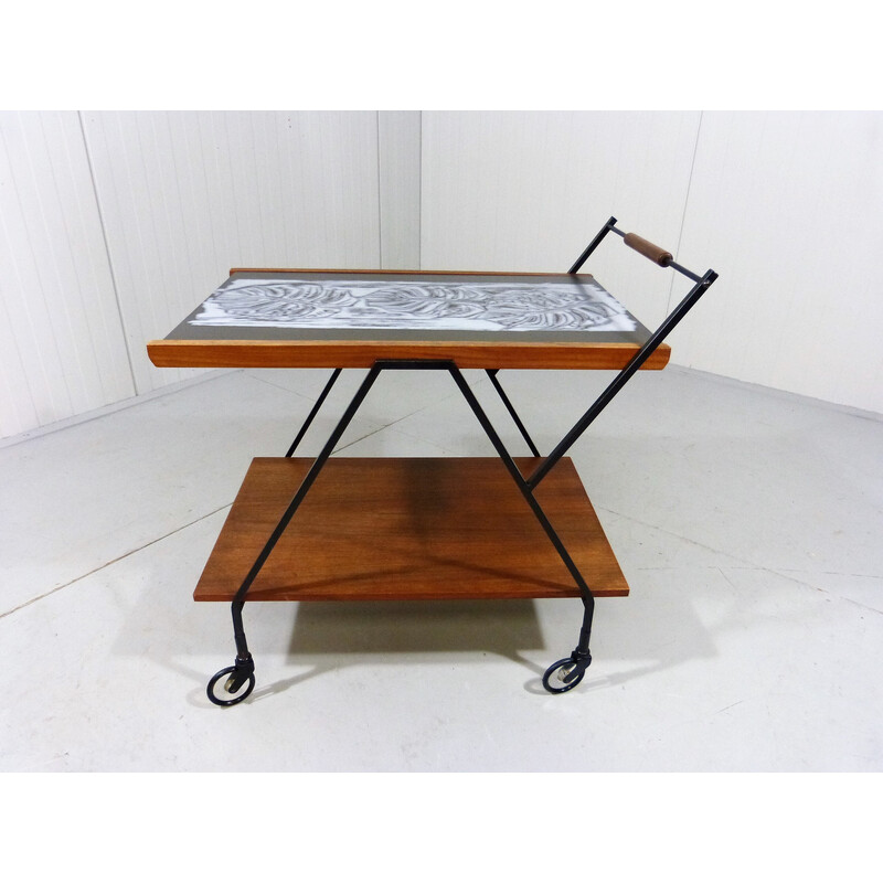 Vintage teakhouten trolley met botanisch tegelblad, 1960