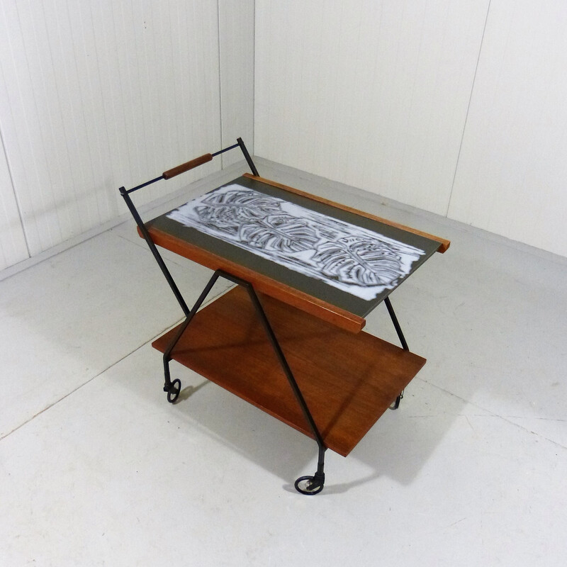 Vintage teak trolley with botanical tile top, 1960s