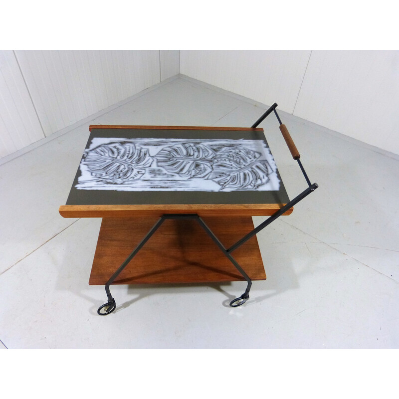 Vintage teak trolley with botanical tile top, 1960s