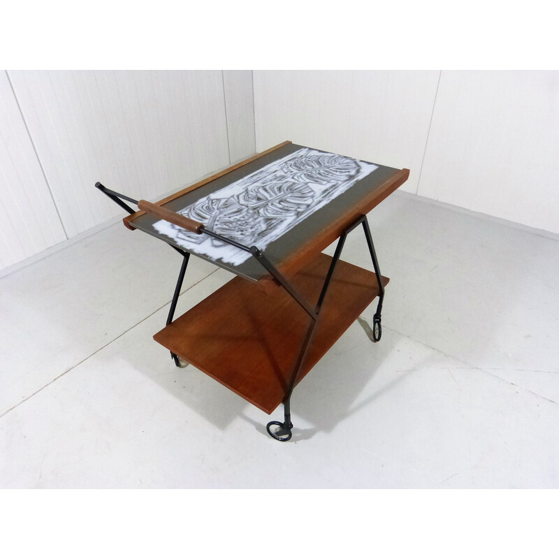 Vintage teak trolley with botanical tile top, 1960s