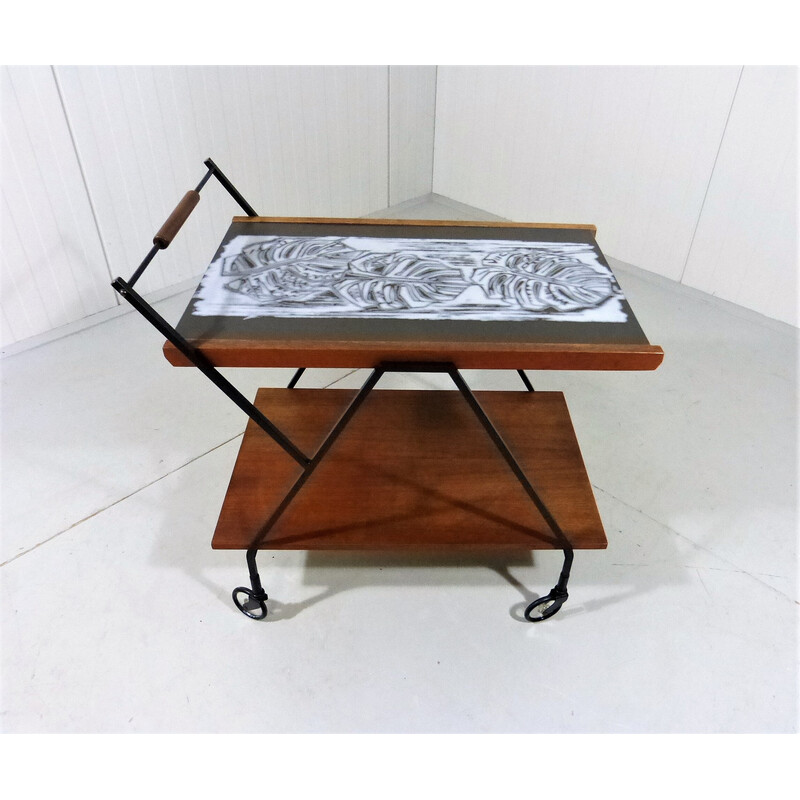 Vintage teak trolley with botanical tile top, 1960s