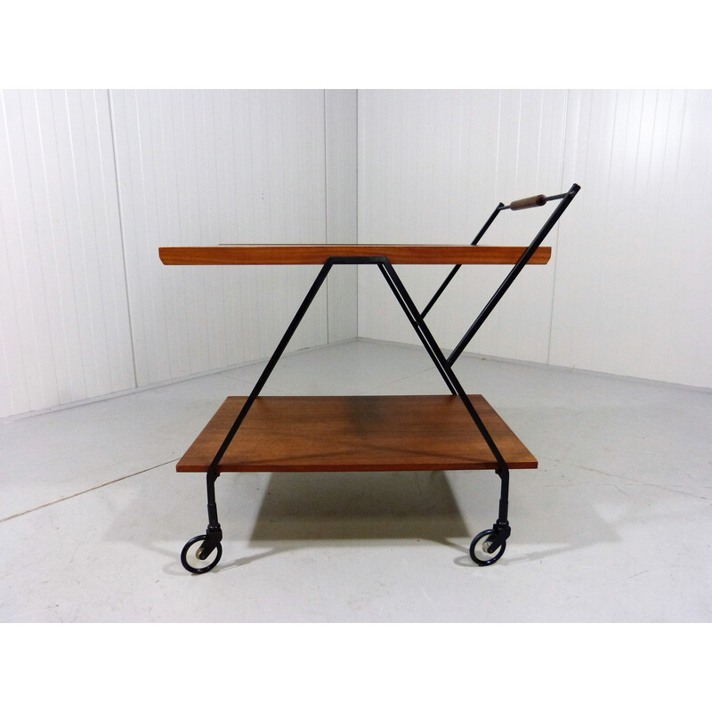 Vintage teak trolley with botanical tile top, 1960s