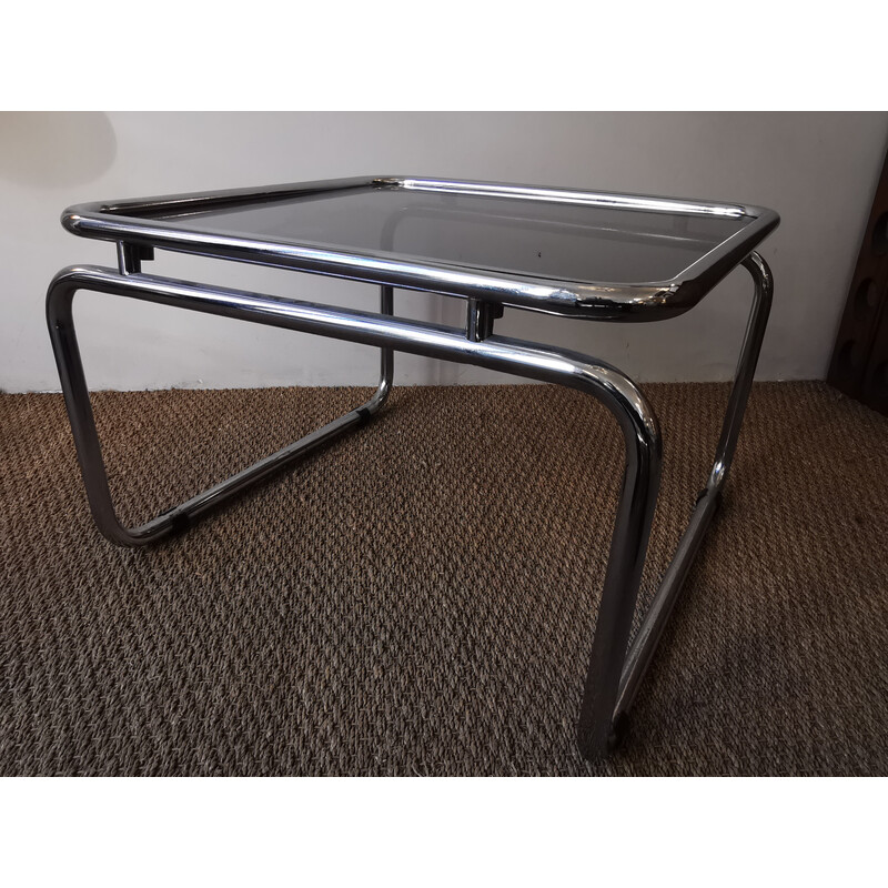 Vintage square coffee table in chrome and stained glass, 1970