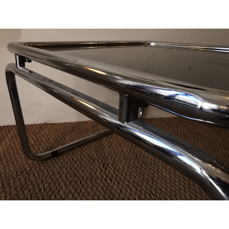 Vintage square coffee table in chrome and stained glass, 1970