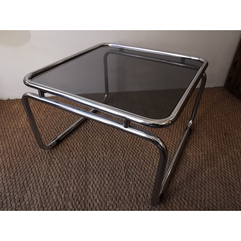 Vintage square coffee table in chrome and stained glass, 1970