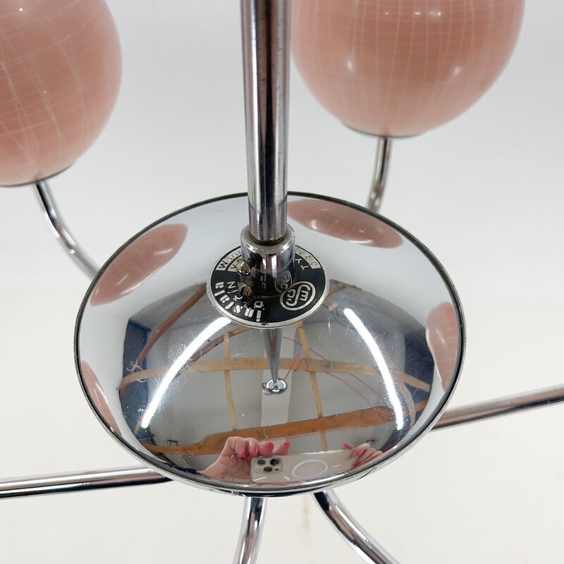 Vintage chrome and pink glass six-arm chandelier, 1970s
