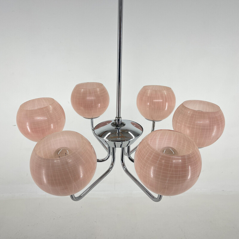 Lampadario vintage a sei bracci in cromo e vetro rosa, anni '70