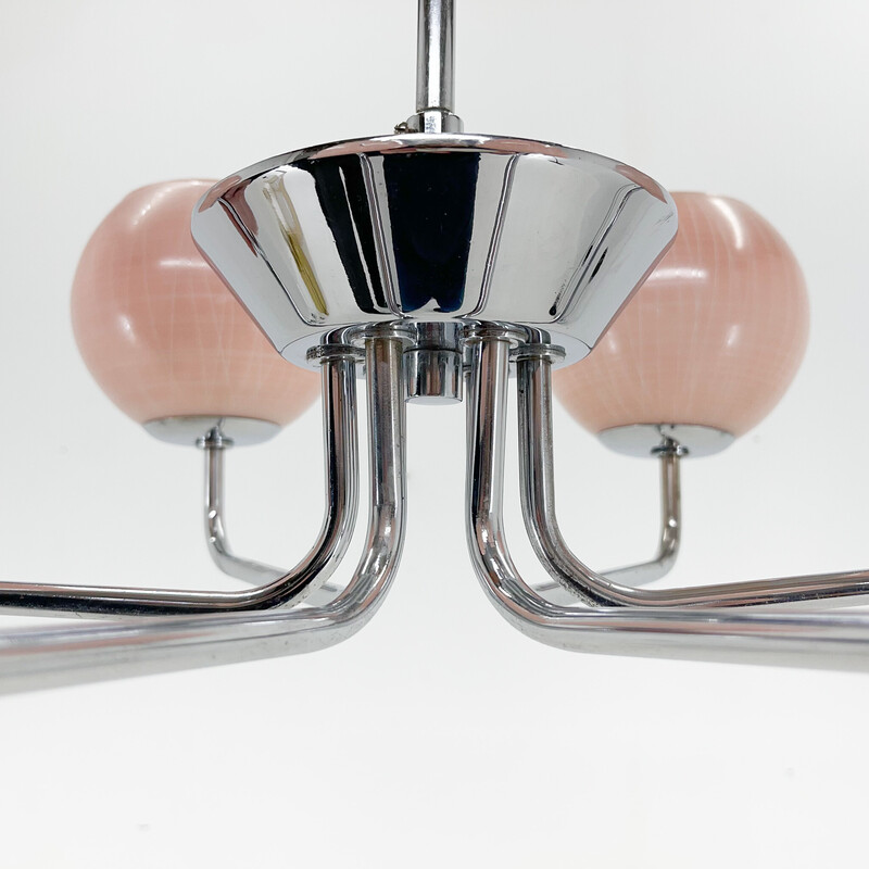 Vintage chrome and pink glass six-arm chandelier, 1970s