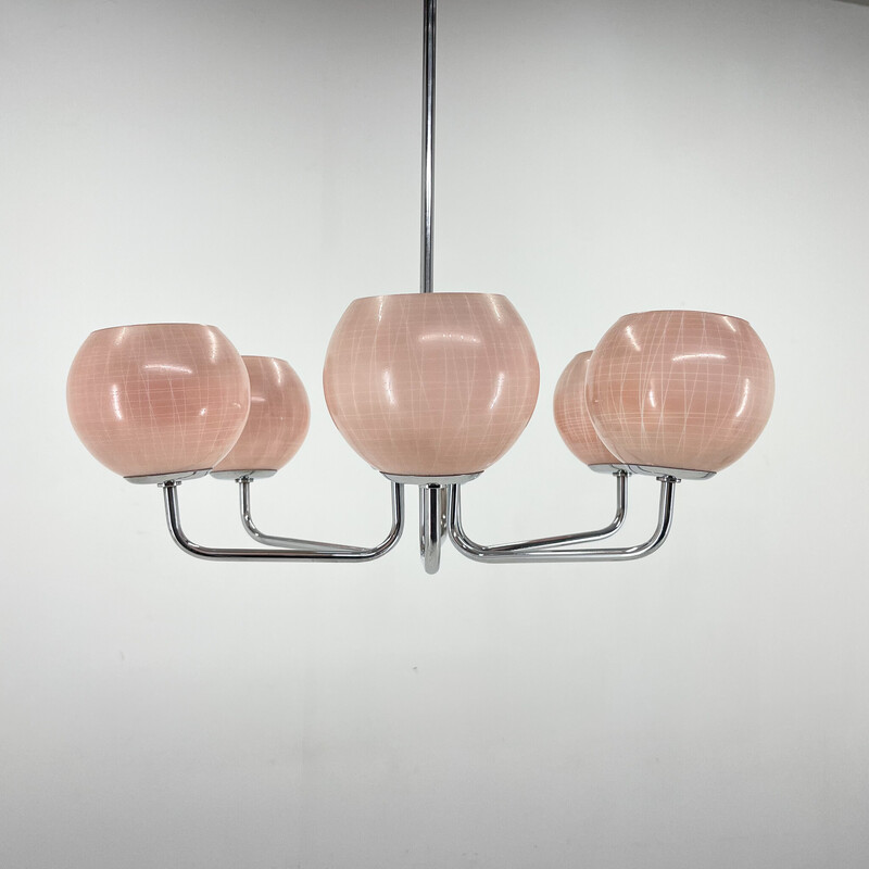 Vintage chrome and pink glass six-arm chandelier, 1970s