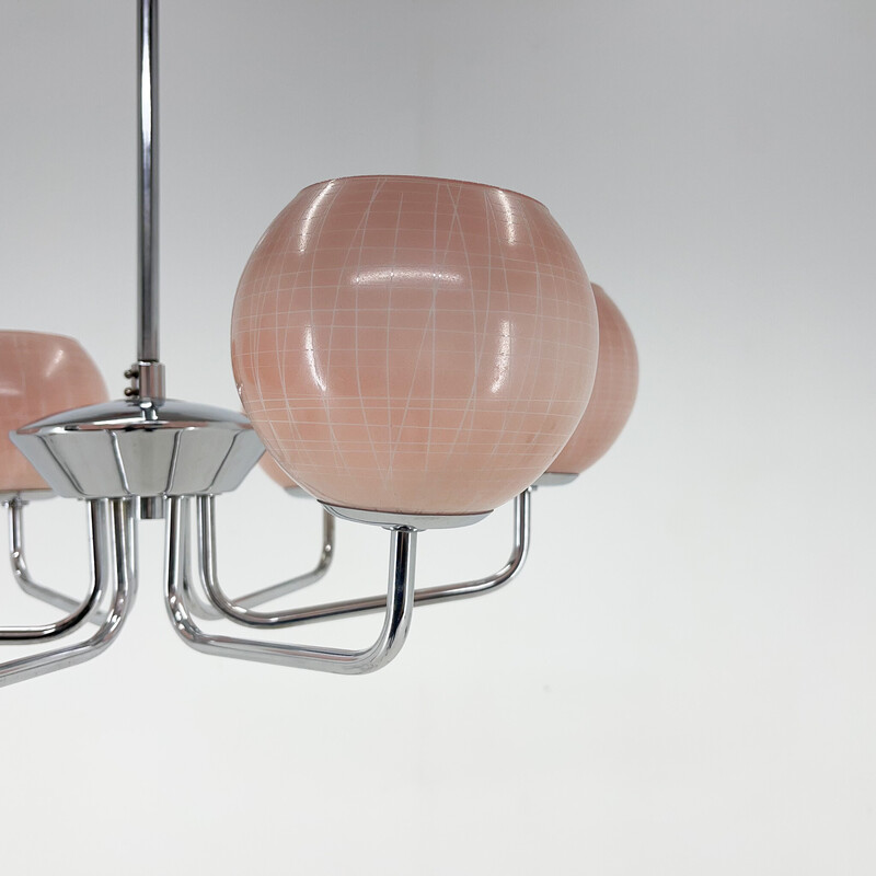 Lampadario vintage a sei bracci in cromo e vetro rosa, anni '70