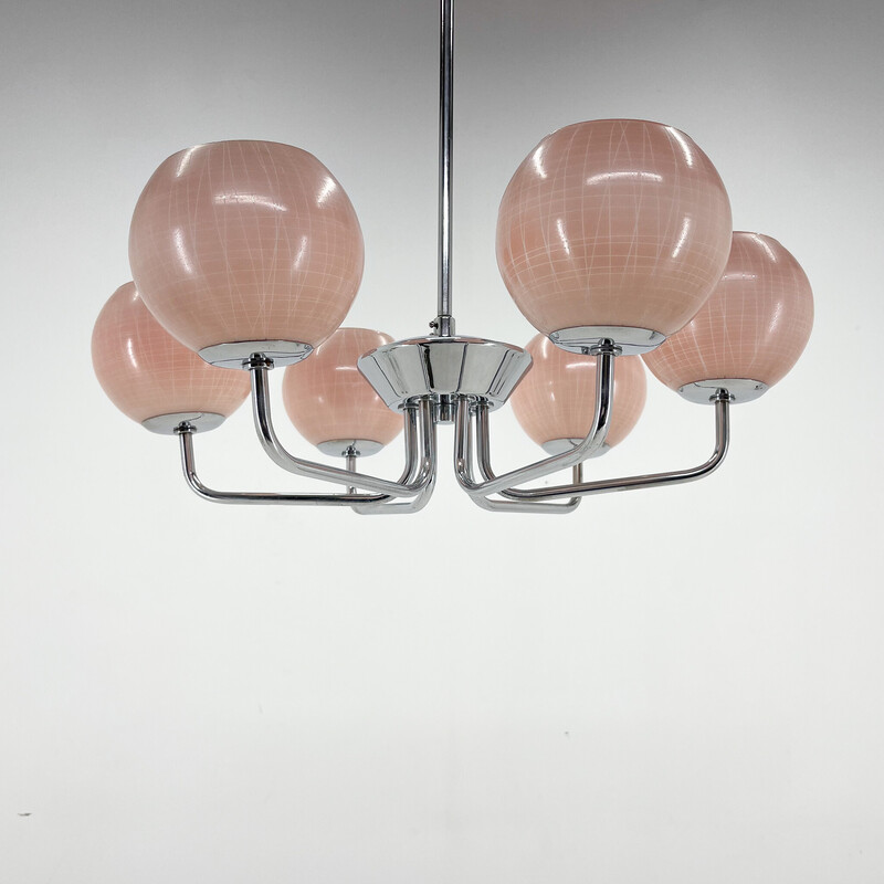 Lámpara vintage de cromo y cristal rosa de seis brazos, años 70