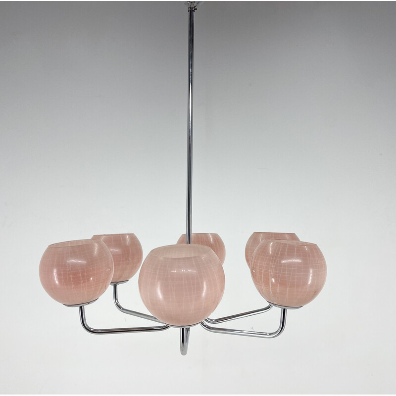 Lampadario vintage a sei bracci in cromo e vetro rosa, anni '70