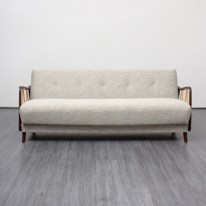 3-seater Sofa bed with stylized armrest in solid wood - 1950s