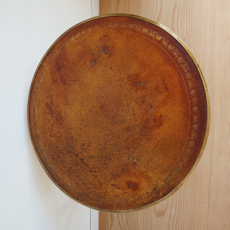 Vintage brass and leather side table by Maison Jansen, France 1950s