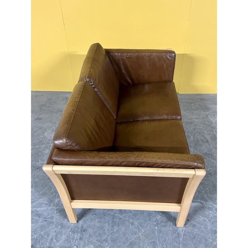 Danish vintage 2 seater brown leather sofa with wooden frame, 1960s