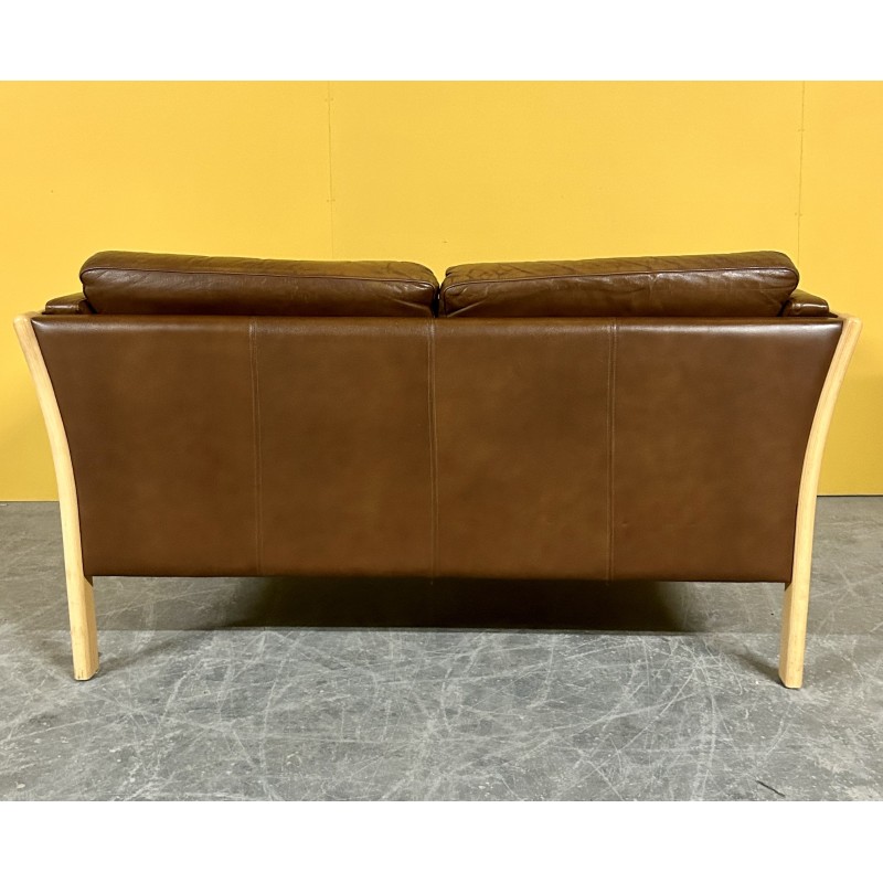 Danish vintage 2 seater brown leather sofa with wooden frame, 1960s