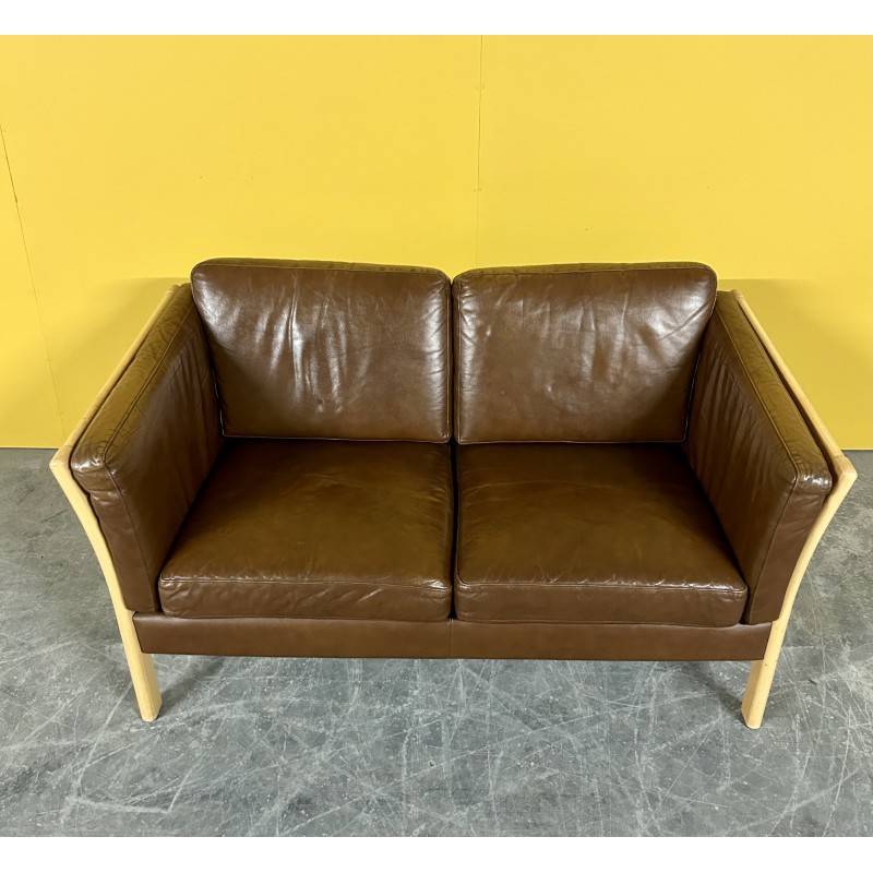 Danish vintage 2 seater brown leather sofa with wooden frame, 1960s