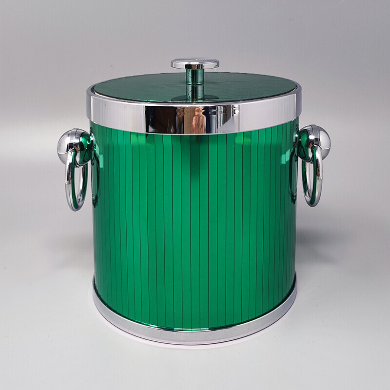 Vintage green ice bucket in mirror and steel by Hans Turnwald for Freddotherm, Swiss 1960s