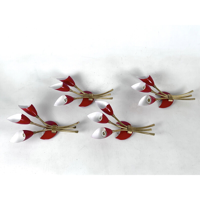 Set of 4 mid-century red lacquer and brass wall lamps, Italy 1950s