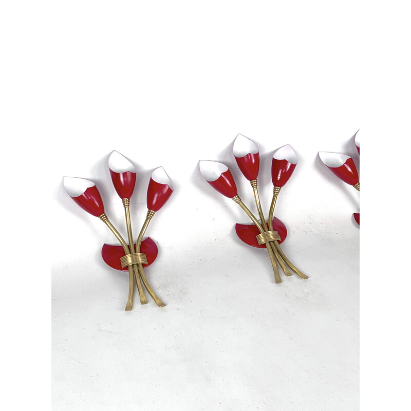 Set of 4 mid-century red lacquer and brass wall lamps, Italy 1950s