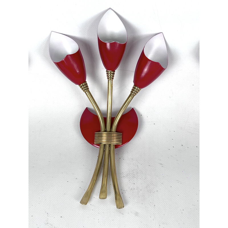 Set of 4 mid-century red lacquer and brass wall lamps, Italy 1950s