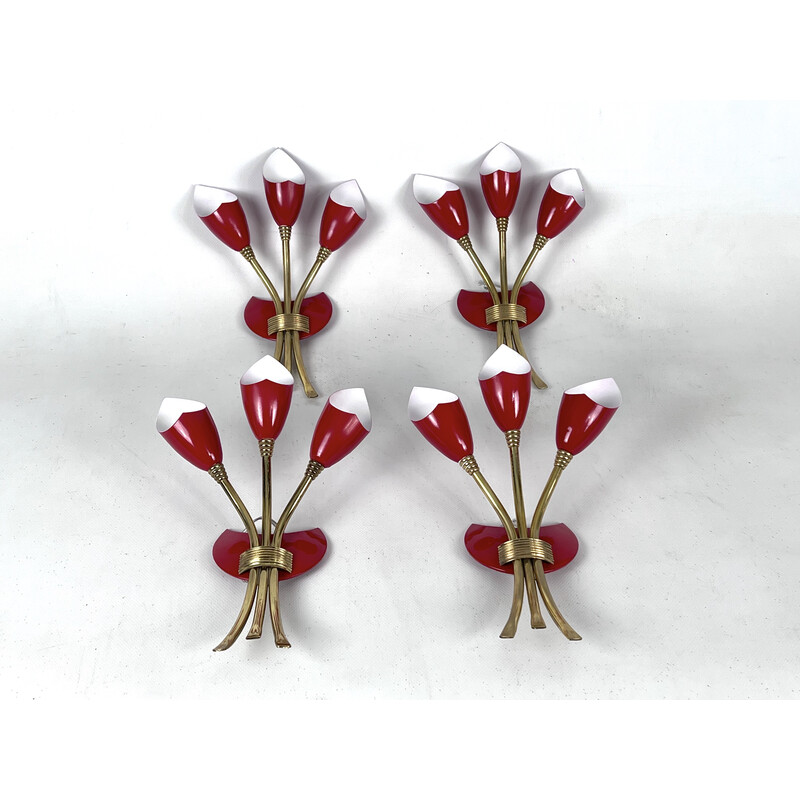 Set of 4 mid-century red lacquer and brass wall lamps, Italy 1950s