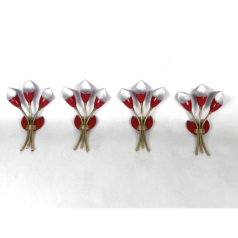 Set of 4 mid-century red lacquer and brass wall lamps, Italy 1950s