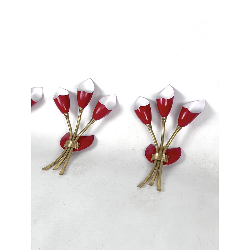 Set of 4 mid-century red lacquer and brass wall lamps, Italy 1950s