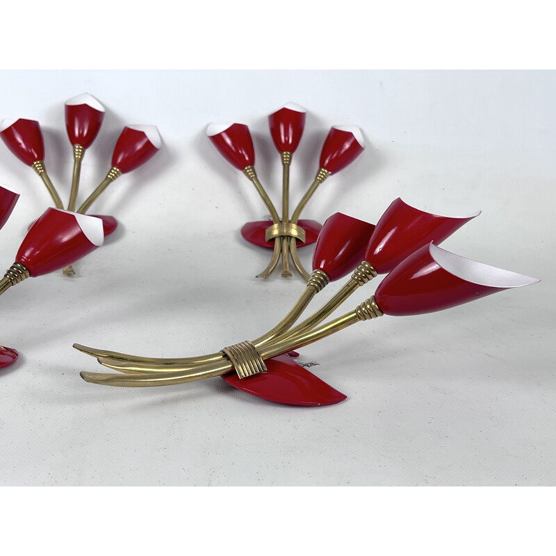 Set of 4 mid-century red lacquer and brass wall lamps, Italy 1950s