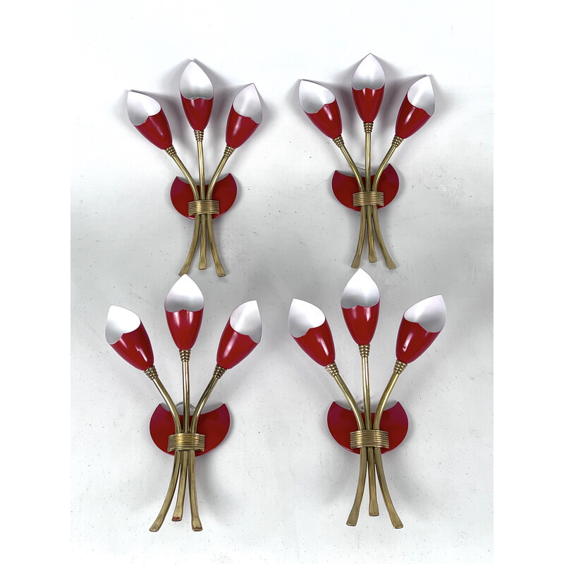 Set of 4 mid-century red lacquer and brass wall lamps, Italy 1950s