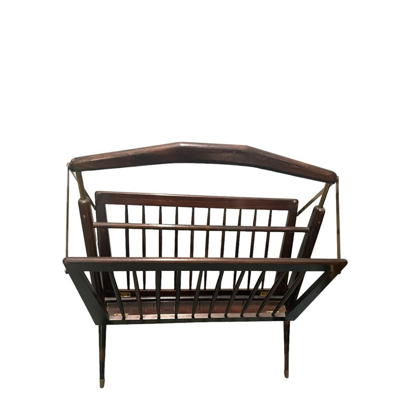 Vintage folding magazine rack in stained wood and brass by Cesare Lacca, Italy 1950s