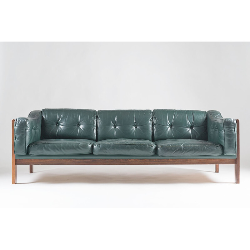 Scandinavian rosewood and green leather sofa Ingvar Stockum - 1960s