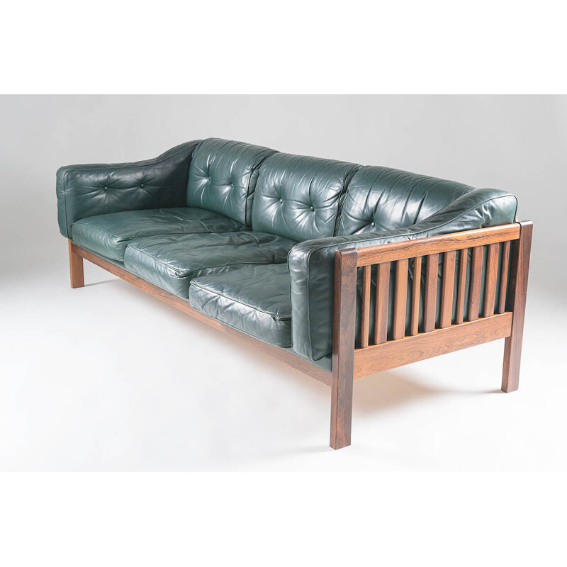 Scandinavian rosewood and green leather sofa Ingvar Stockum - 1960s