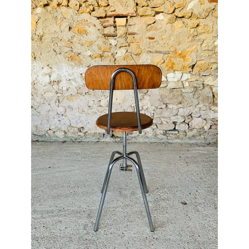 Sgabello industriale vintage in metallo e legno, 1960