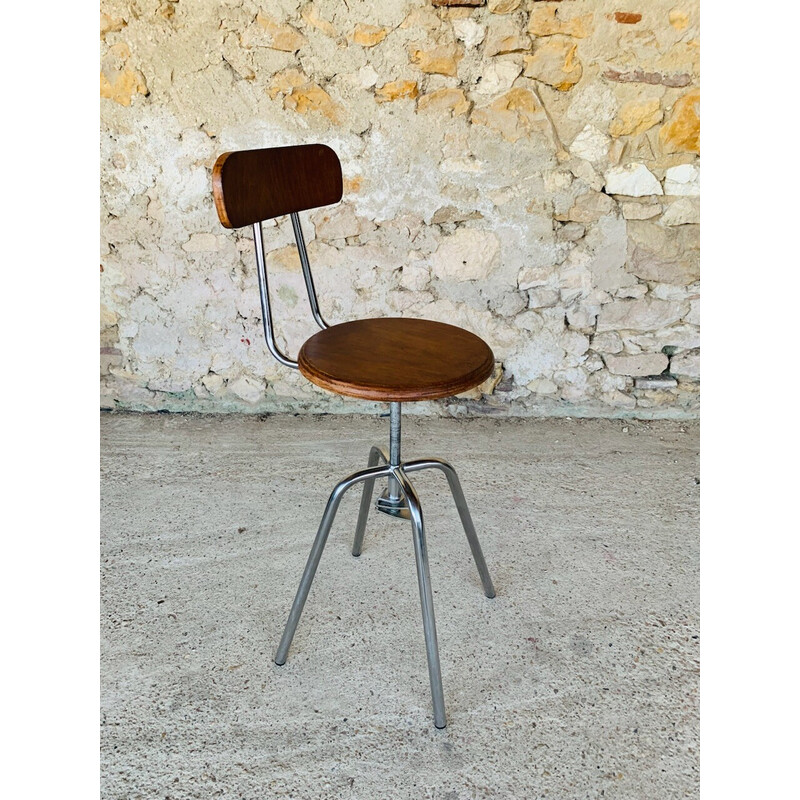 Sgabello industriale vintage in metallo e legno, 1960