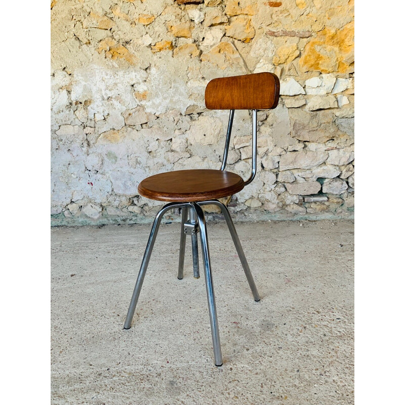 Sgabello industriale vintage in metallo e legno, 1960