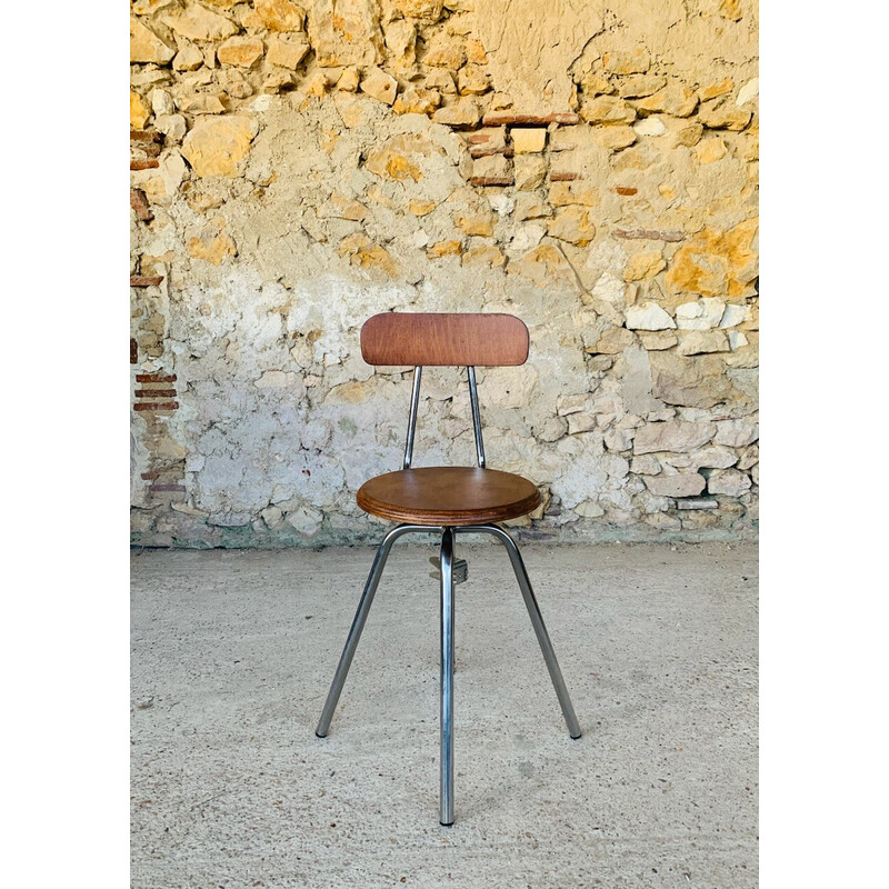 Taburete industrial vintage de metal y madera, 1960