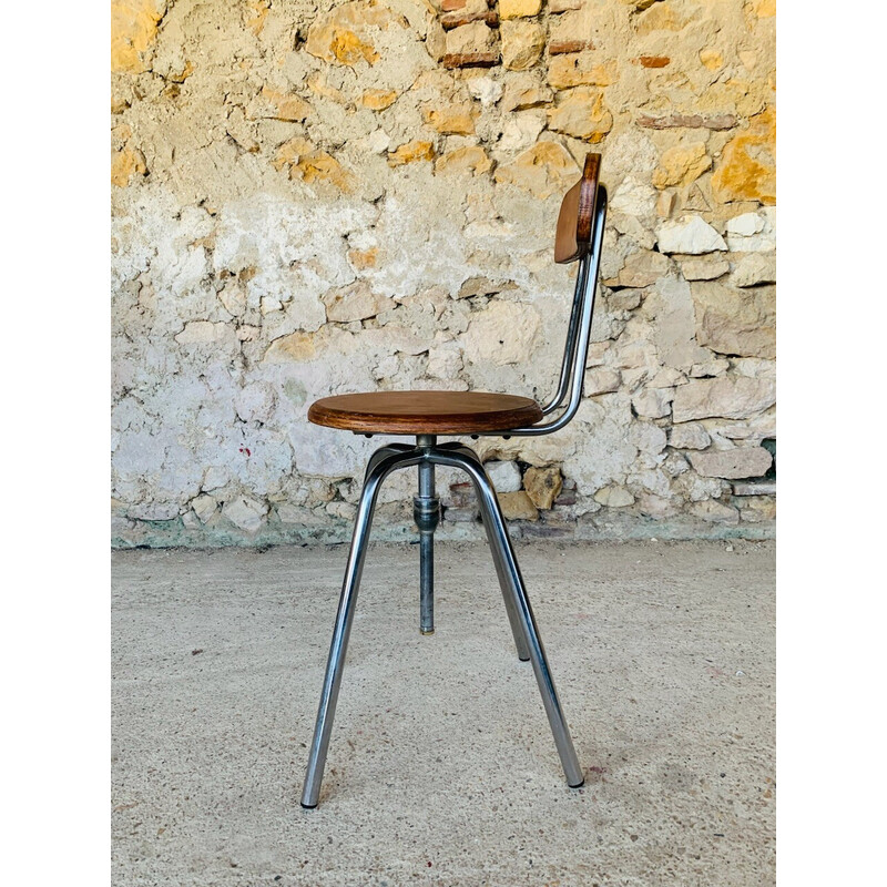 Sgabello industriale vintage in metallo e legno, 1960