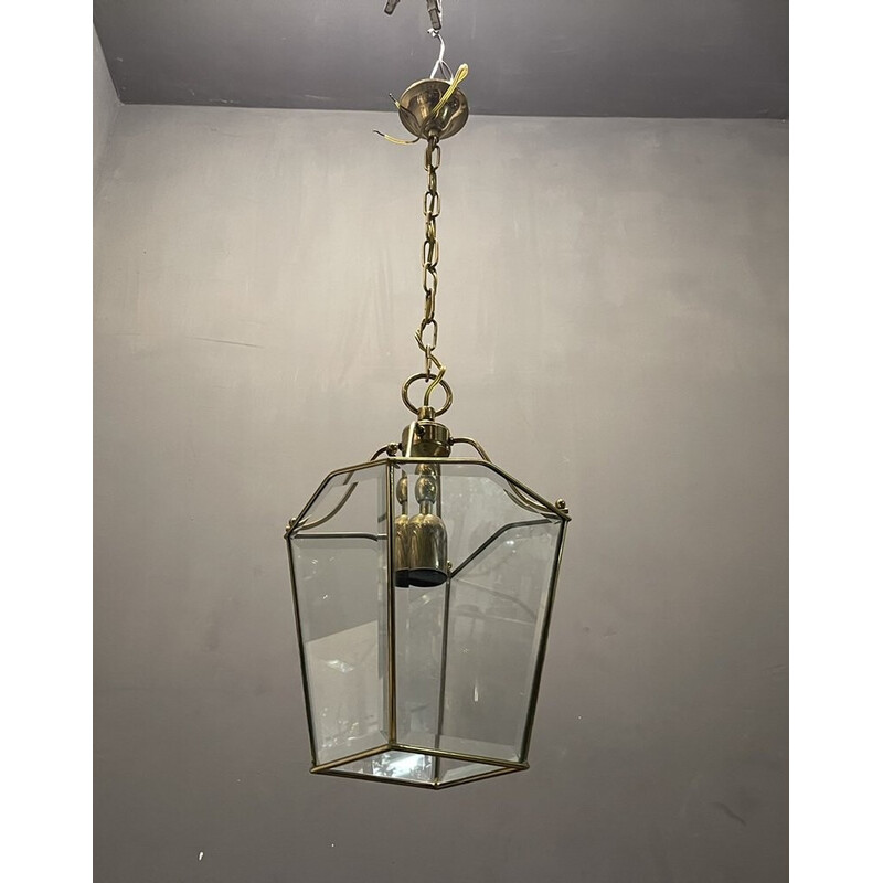 Lámpara colgante vintage de latón y cristal, años 60