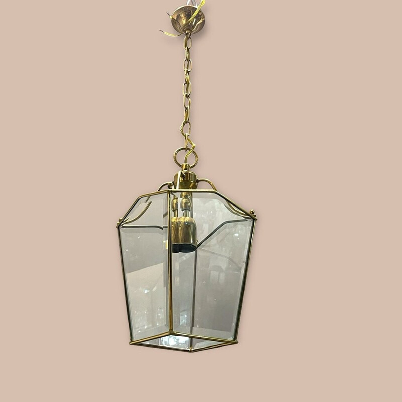 Lámpara colgante vintage de latón y cristal, años 60