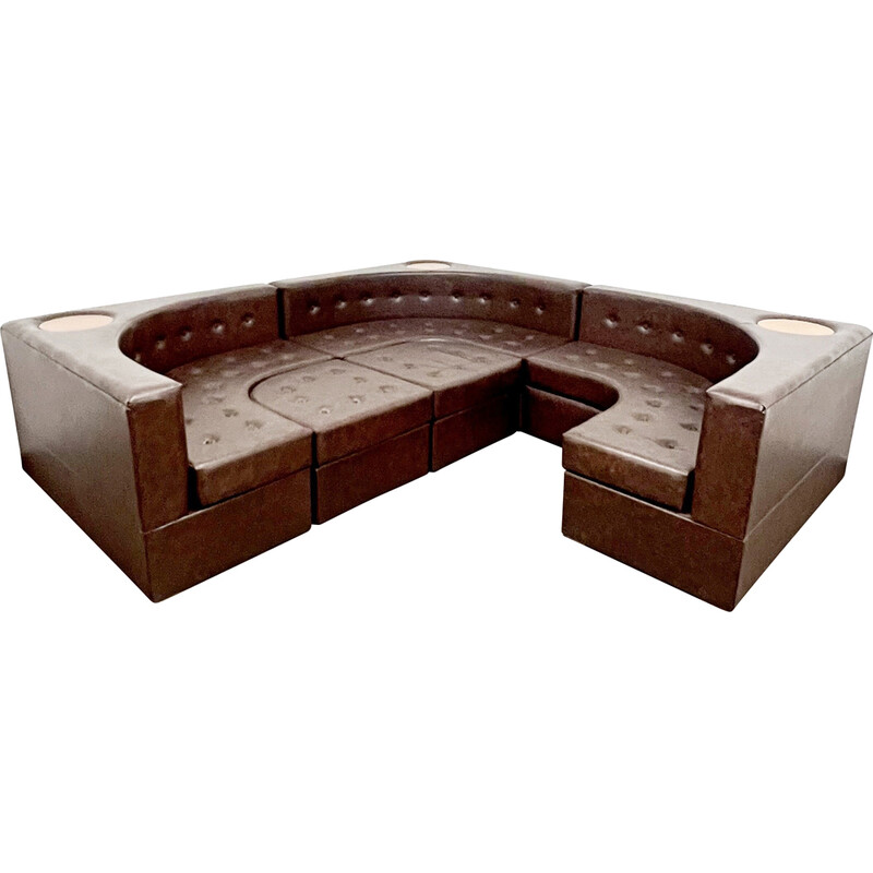 Canapé modulaire vintage en cuir et bois