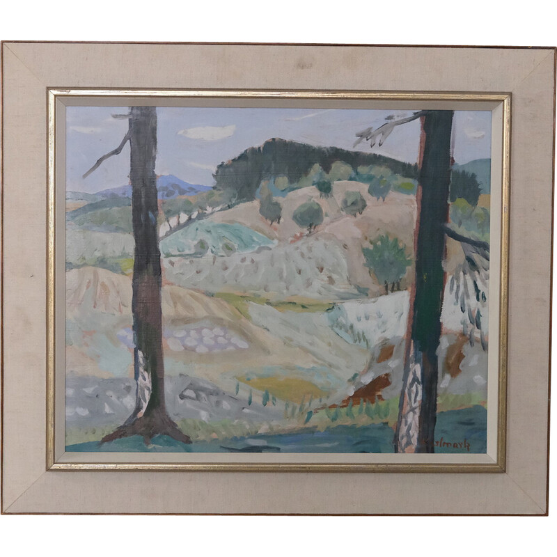 Vintage oil on panel "Modernist Landscape" by Gerhard Karlmark, 1960s