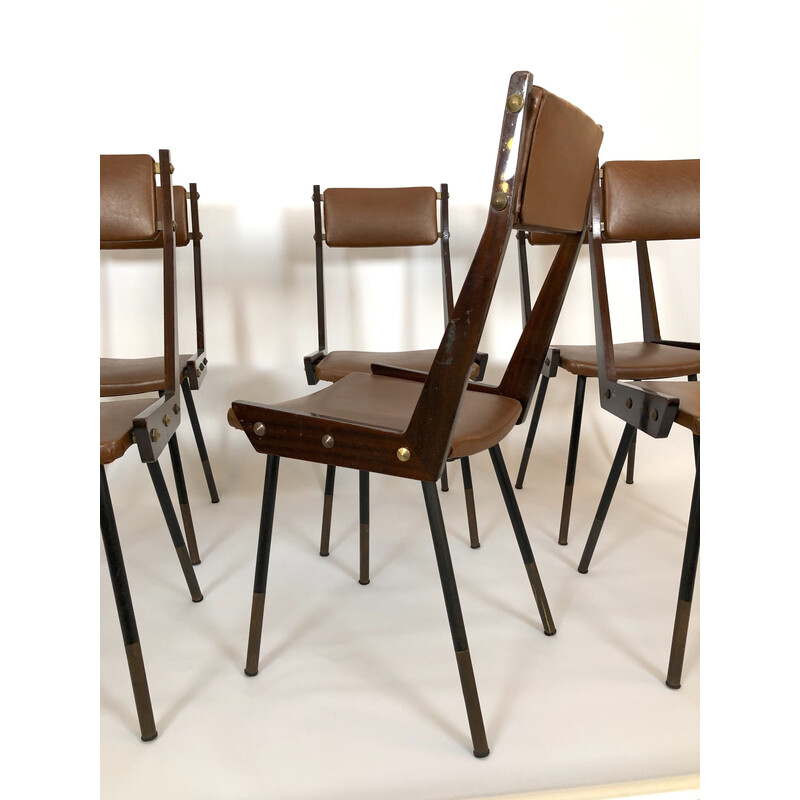 Conjunto de 6 cadeiras de jantar em madeira e metal vintage de Carlo Ratti, 1950s