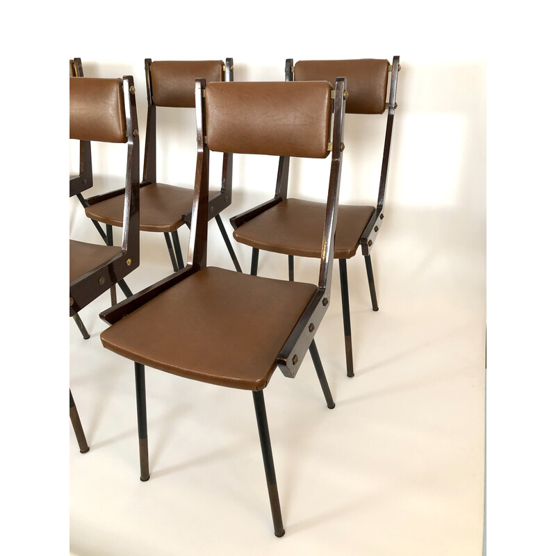 Set of 6 vintage wood and metal dining chairs by Carlo Ratti, 1950s
