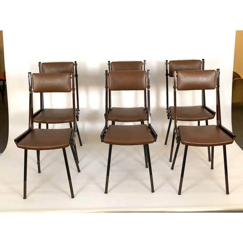 Set van 6 vintage houten en metalen eetkamerstoelen van Carlo Ratti, jaren 1950