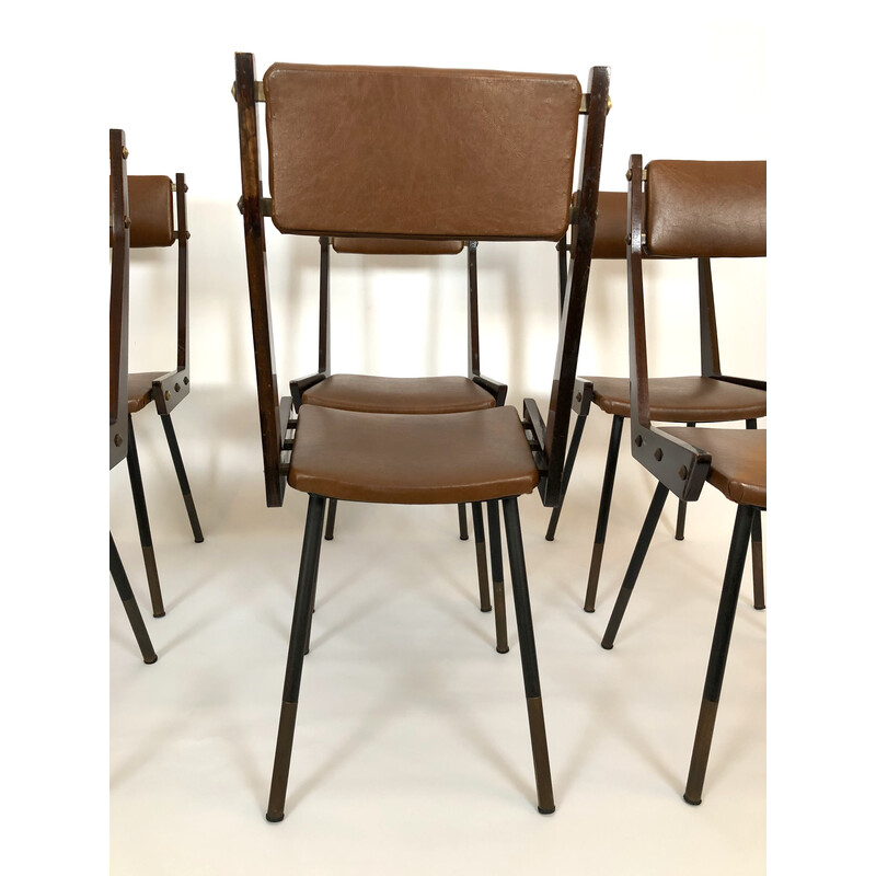Juego de 6 sillas de comedor vintage de madera y metal de Carlo Ratti, años 50