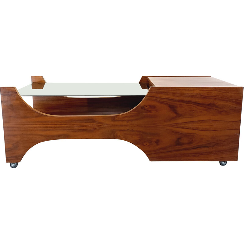 Vintage coffee table on casters in rosewood and smoked glass, 1960